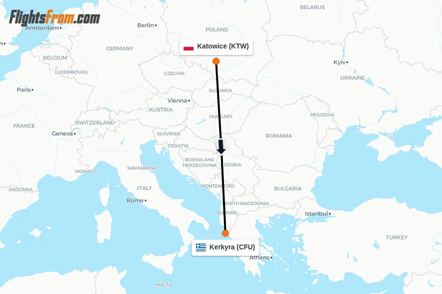 Flights from Katowice to Kerkyra route map