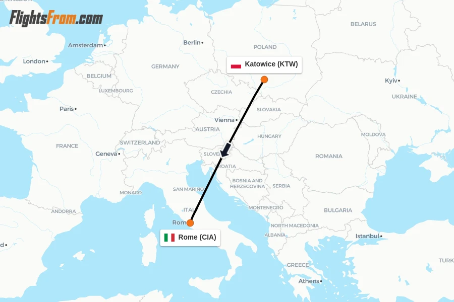 Flights from Katowice to Rome route map