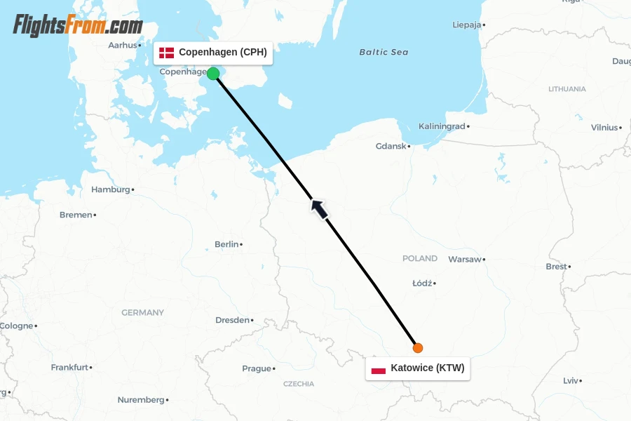Flights from Katowice to Copenhagen route map