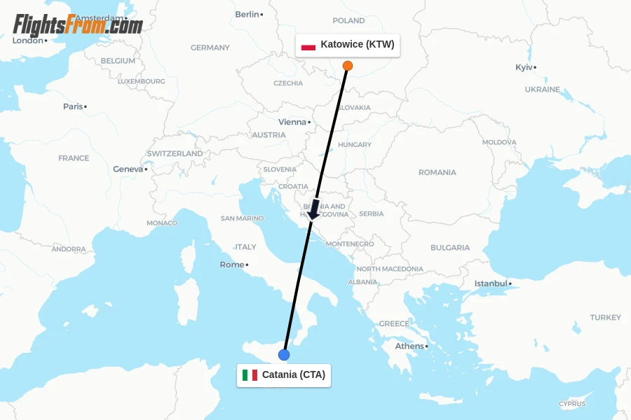 Flights from Katowice to Catania route map