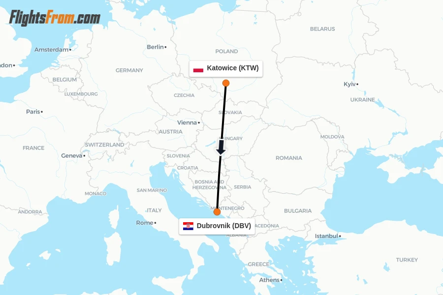 Flights from Katowice to Dubrovnik route map