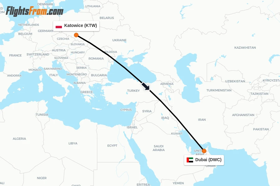 Flights from Katowice to Dubai route map