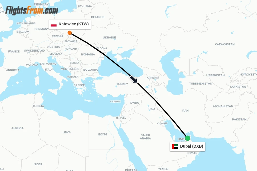 Flights from Katowice to Dubai route map