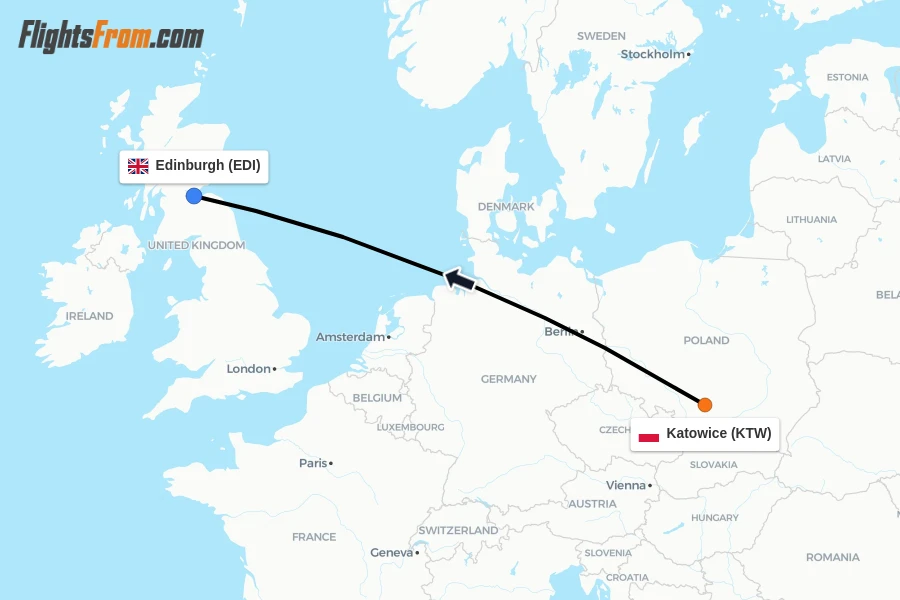 Flights from Katowice to Edinburgh route map