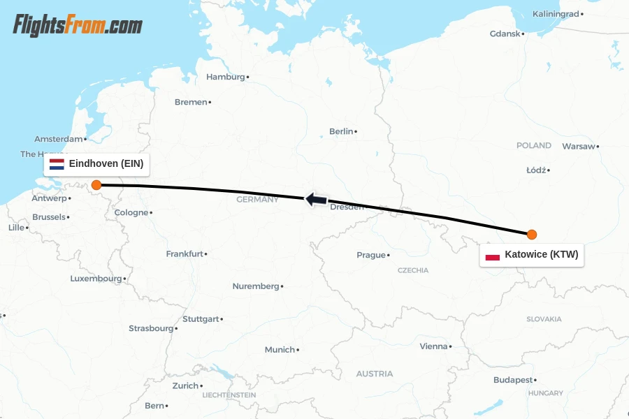 Flights from Katowice to Eindhoven route map