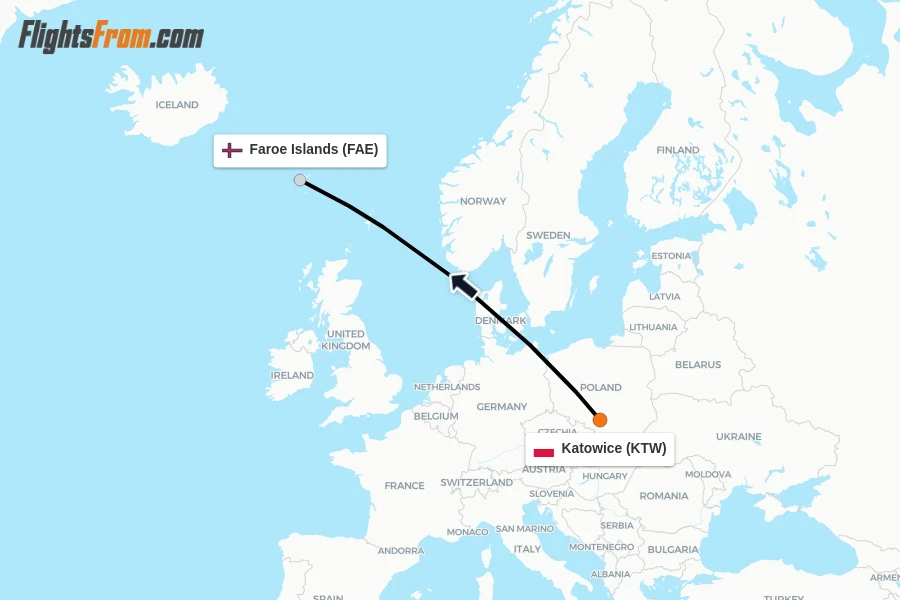 Flights from Katowice to Faroe Islands route map