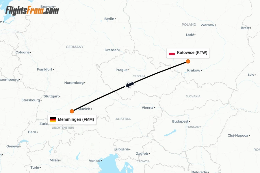 Flights from Katowice to Memmingen route map