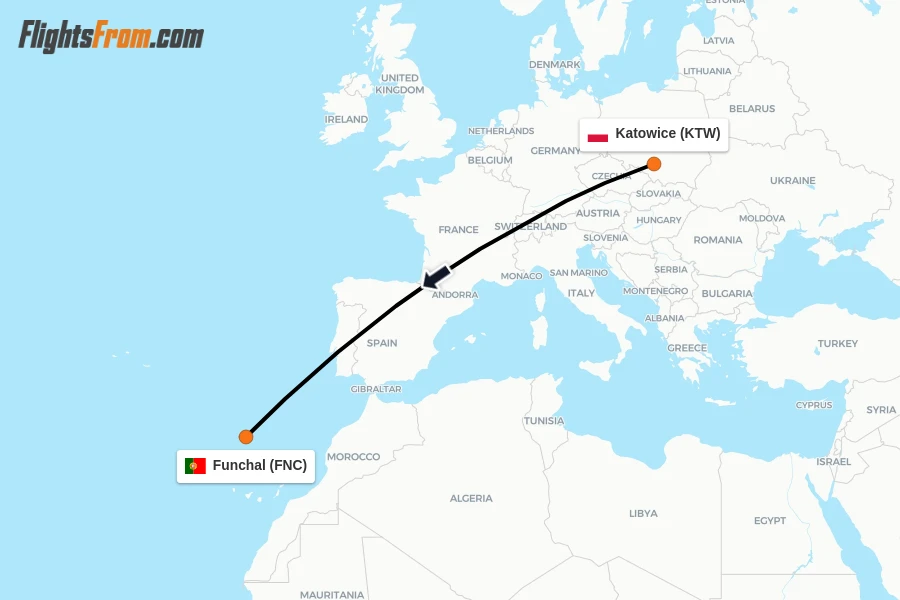 Flights from Katowice to Funchal route map