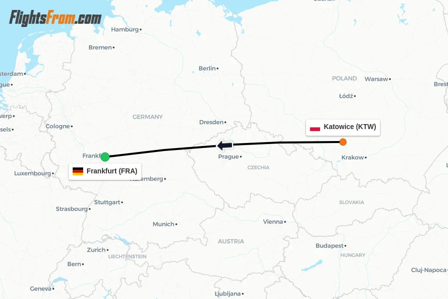 Flights from Katowice to Frankfurt route map