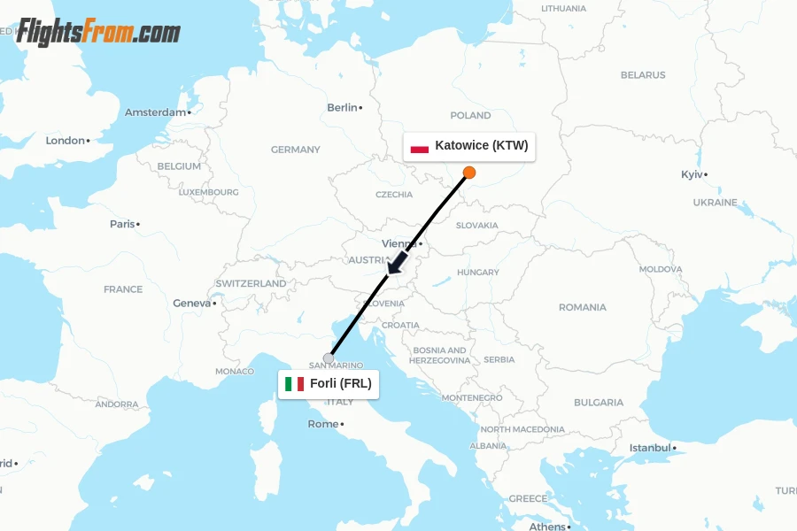 Flights from Katowice to Forli route map