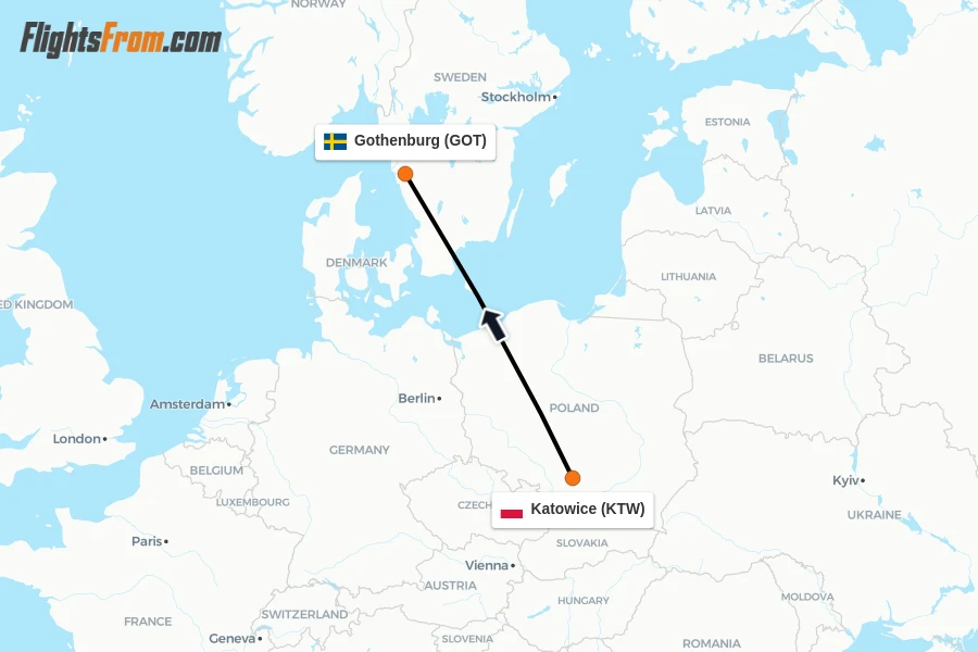 Flights from Katowice to Gothenburg route map