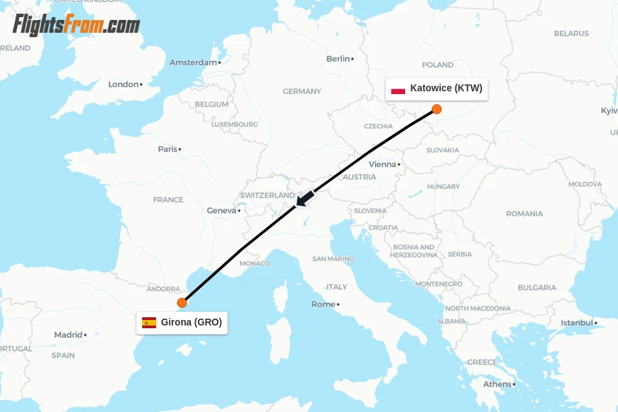 Flights from Katowice to Girona route map