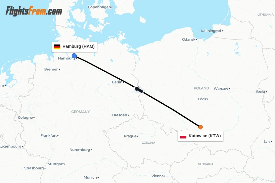 Flights from Katowice to Hamburg route map