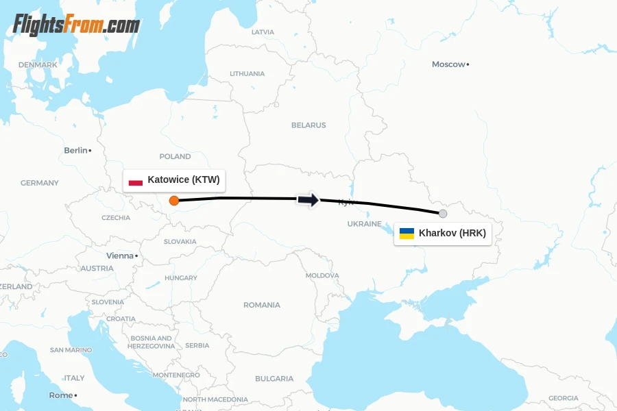 Flights from Katowice to Kharkov route map