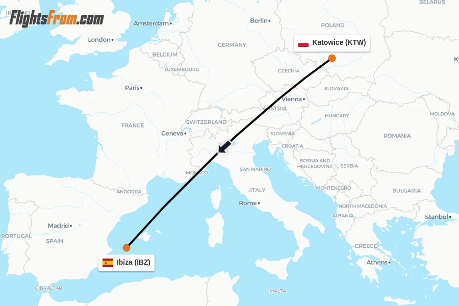 Flights from Katowice to Ibiza route map