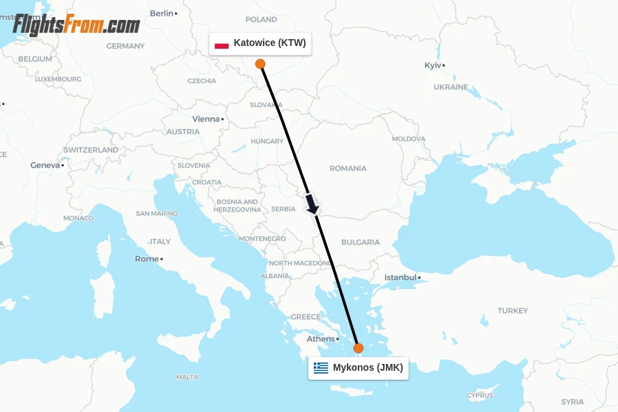 Flights from Katowice to Mykonos route map