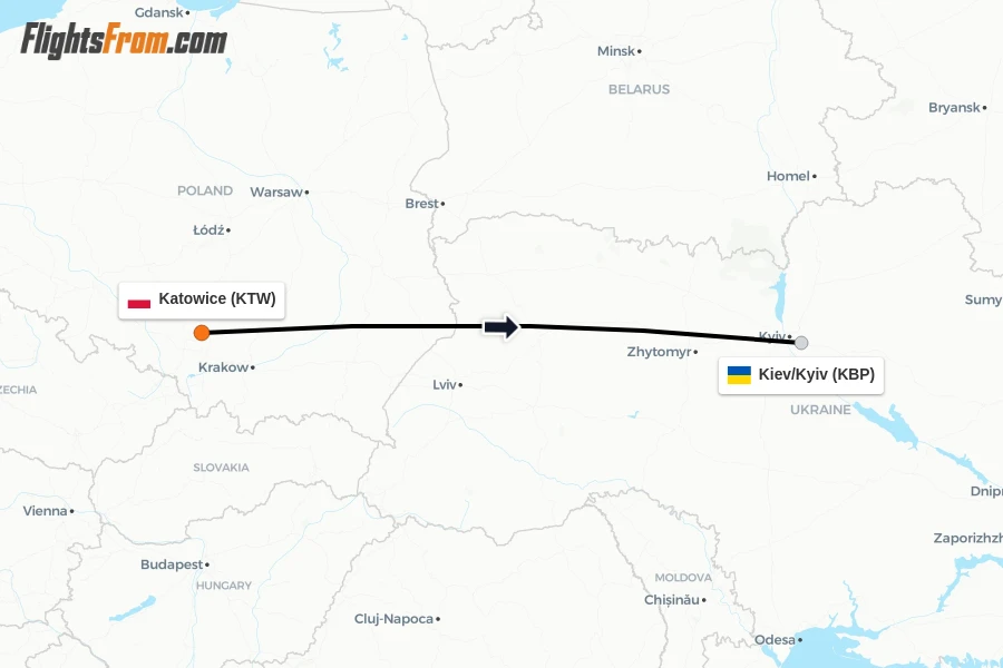 Flights from Katowice to Kiev/Kyiv route map