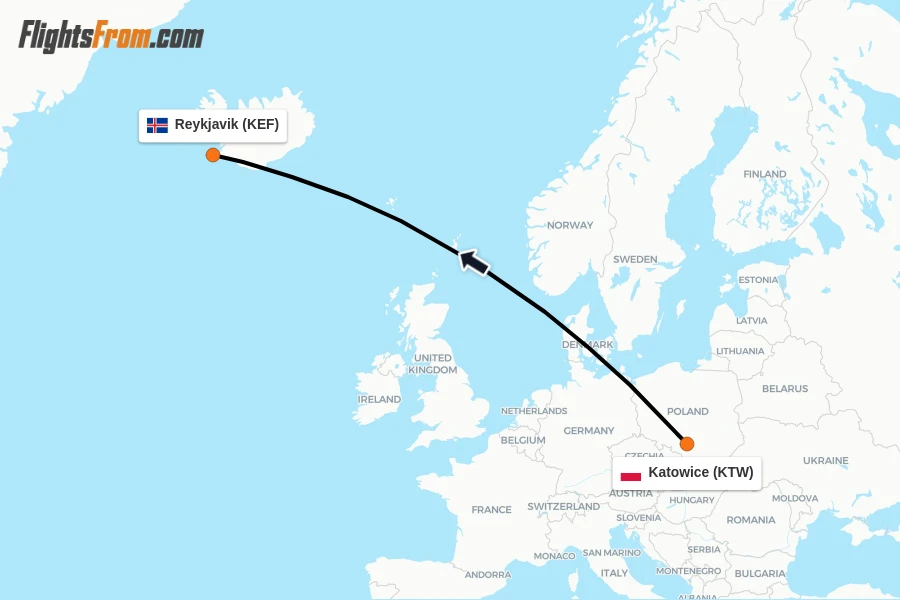 Flights from Katowice to Reykjavik route map