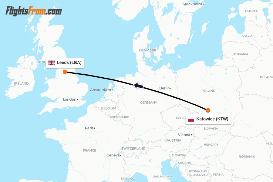 Flights from Katowice to Leeds route map
