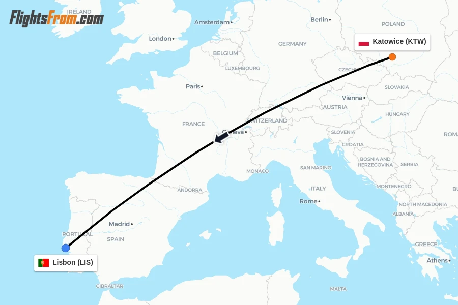 Flights from Katowice to Lisbon route map