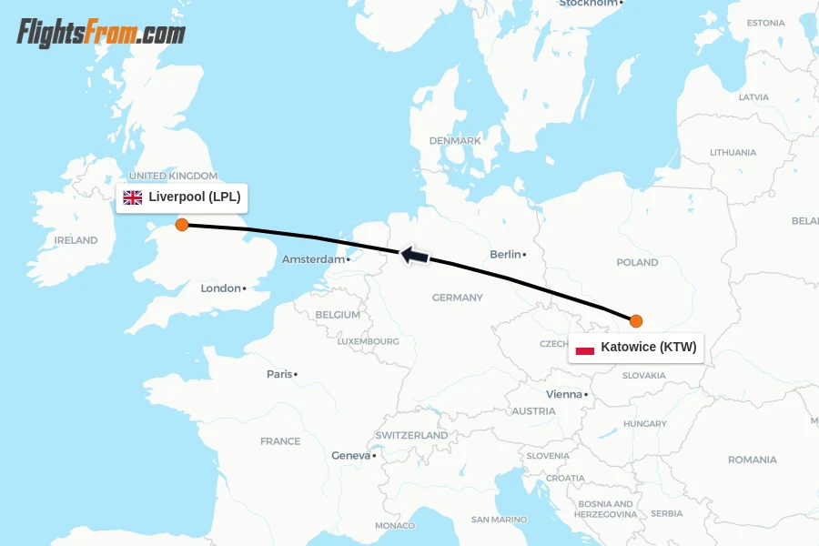 Flights from Katowice to Liverpool route map