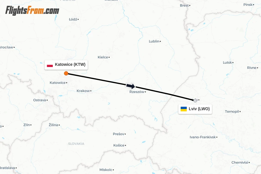 Flights from Katowice to Lviv route map