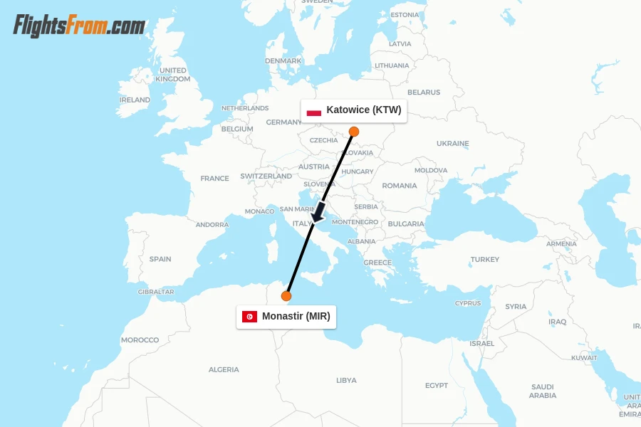 Flights from Katowice to Monastir route map