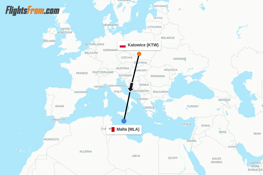 Flights from Katowice to Malta route map