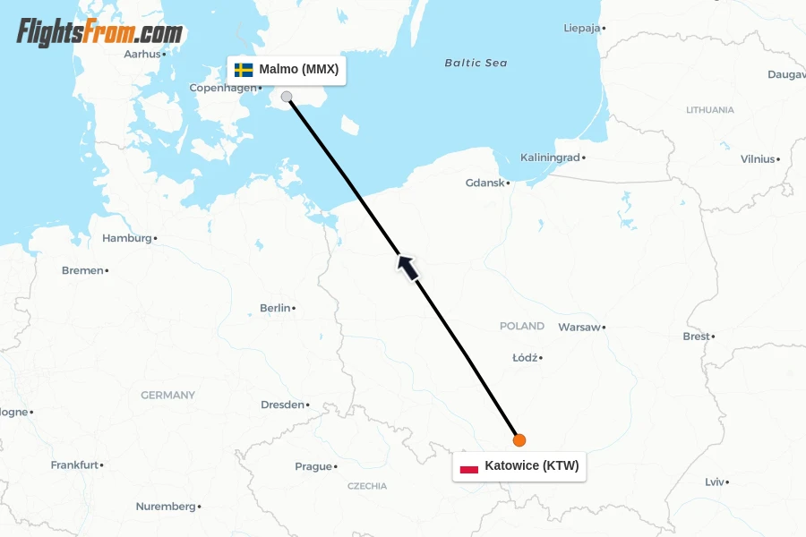 Flights from Katowice to Malmo route map