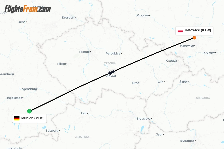 Flights from Katowice to Munich route map