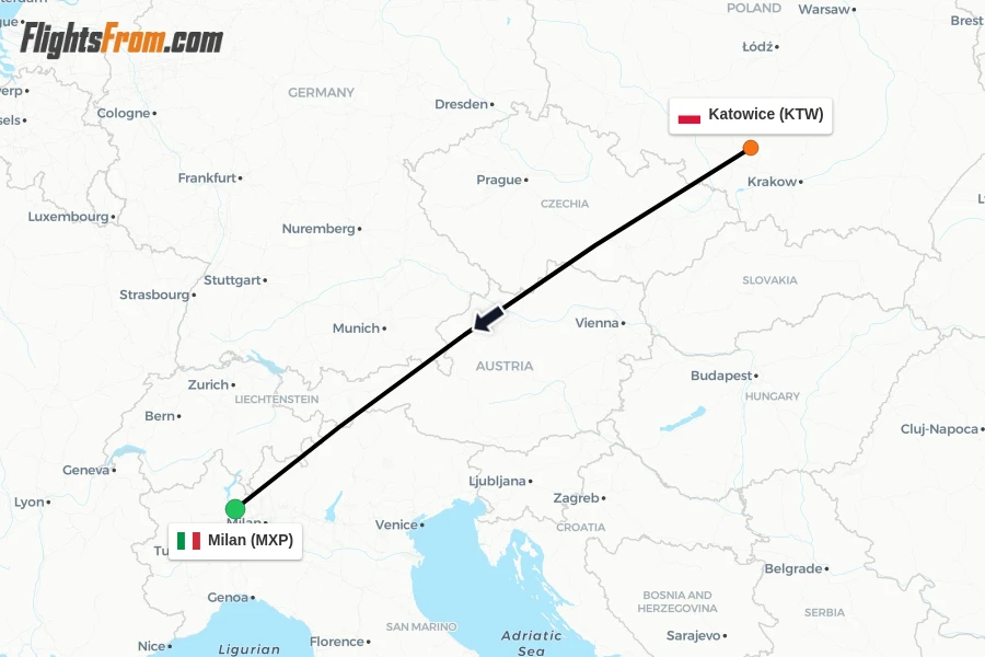 Flights from Katowice to Milan route map