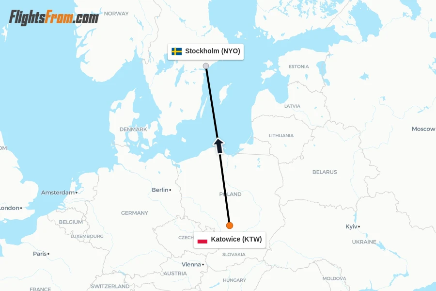 Flights from Katowice to Stockholm route map