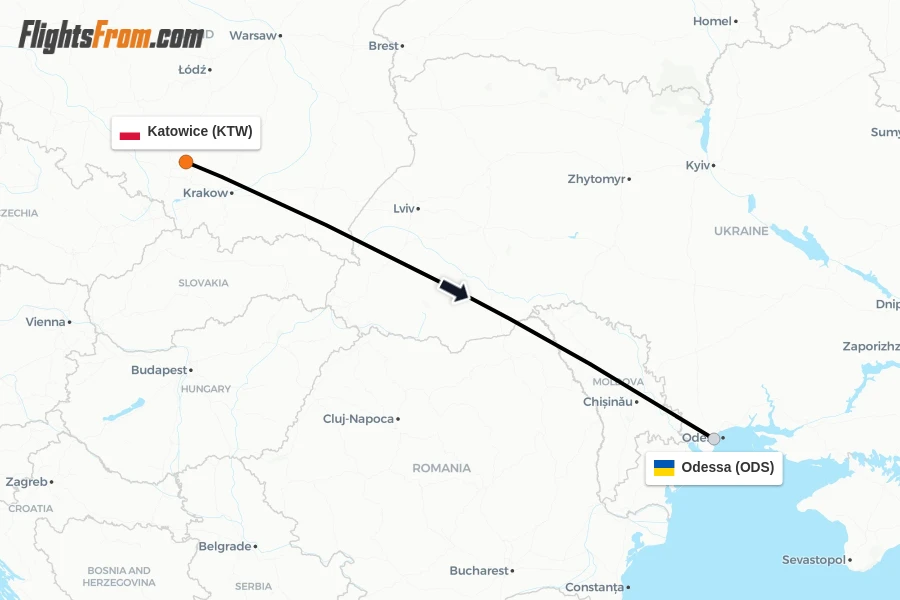 Flights from Katowice to Odessa route map