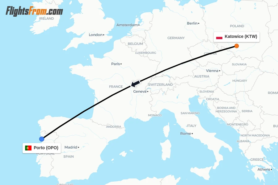 Flights from Katowice to Porto route map