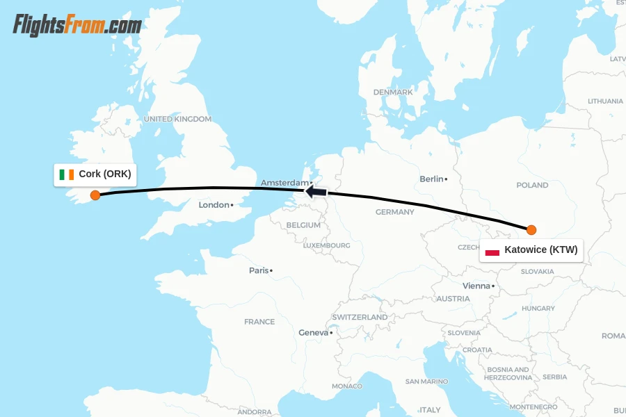 Flights from Katowice to Cork route map