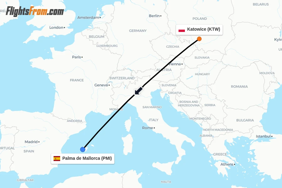 Flights from Katowice to Palma de Mallorca route map
