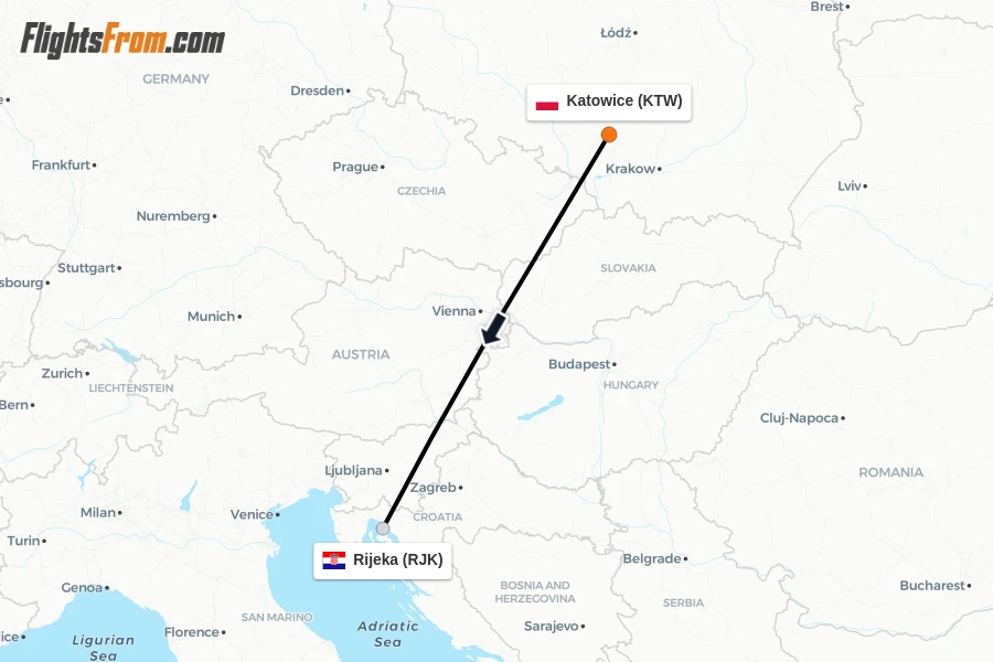 Flights from Katowice to Rijeka route map