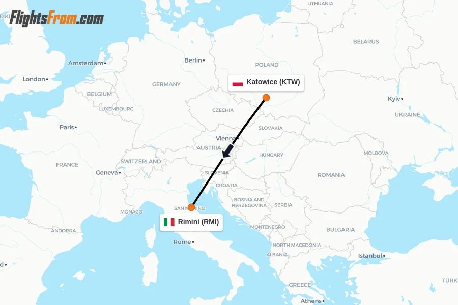 Flights from Katowice to Rimini route map