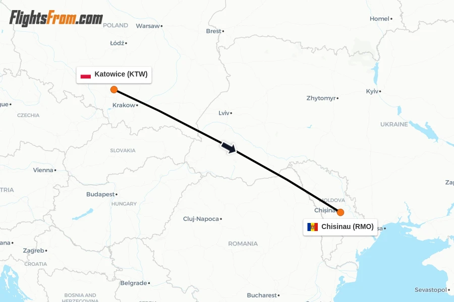 Flights from Katowice to Chisinau route map