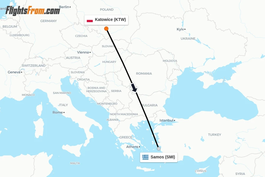 Flights from Katowice to Samos route map