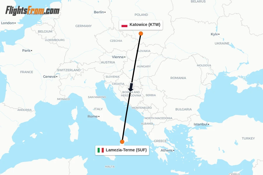 Flights from Katowice to Lamezia-Terme route map
