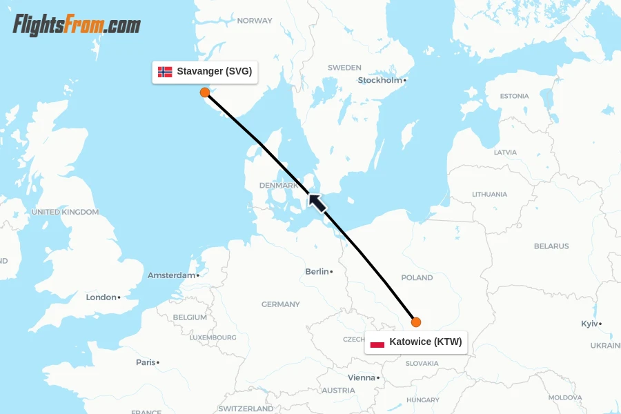 Flights from Katowice to Stavanger route map