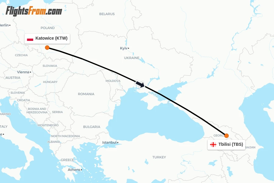 Flights from Katowice to Tbilisi route map