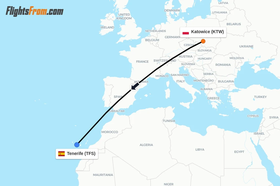 Flights from Katowice to Tenerife route map