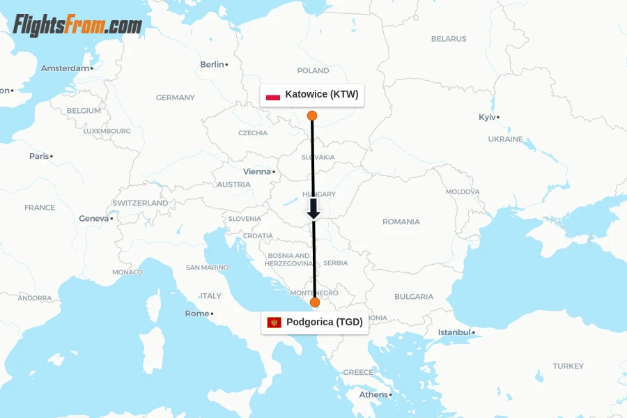Flights from Katowice to Podgorica route map