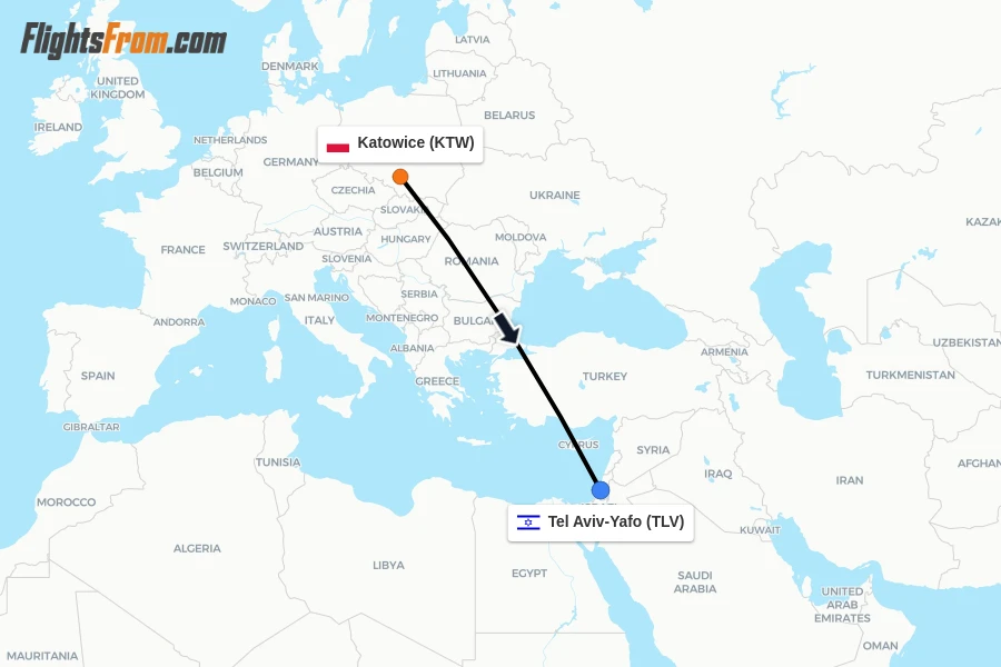 Flights from Katowice to Tel Aviv-Yafo route map