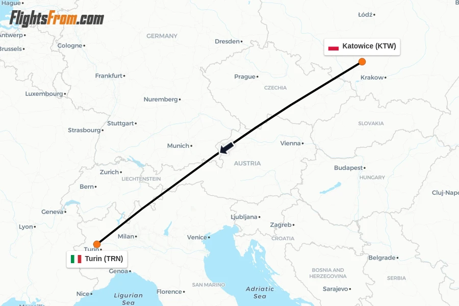 Flights from Katowice to Turin route map