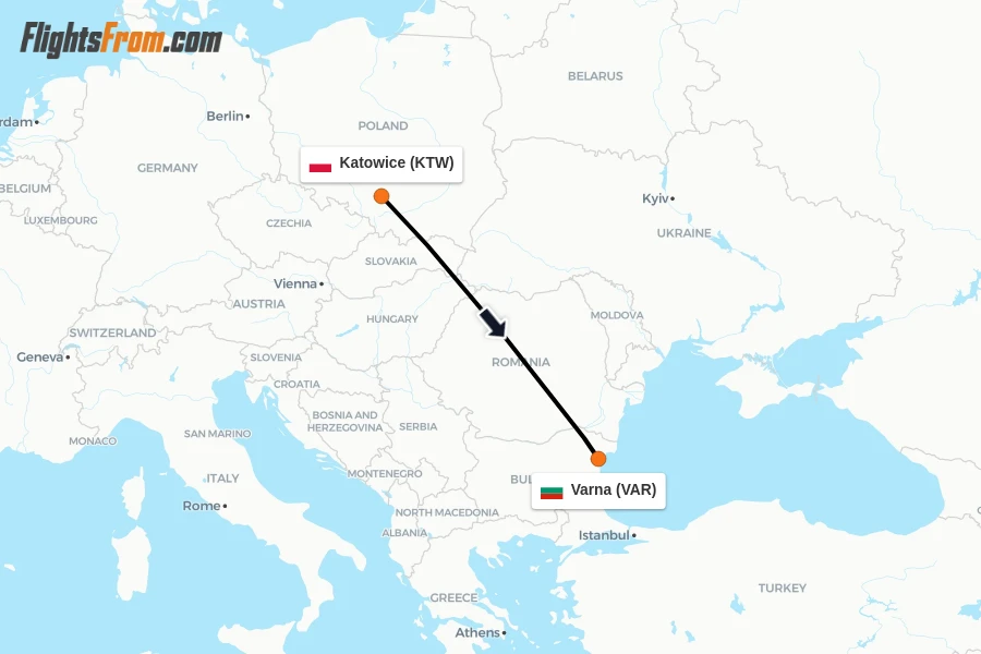 Flights from Katowice to Varna route map