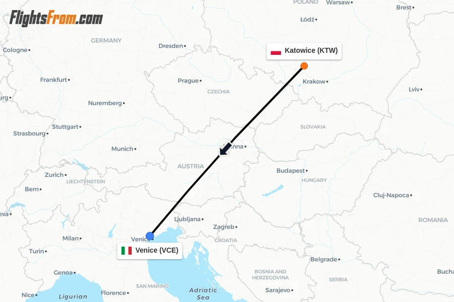Flights from Katowice to Venice route map