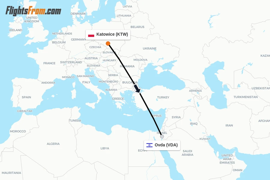 Flights from Katowice to Ovda route map